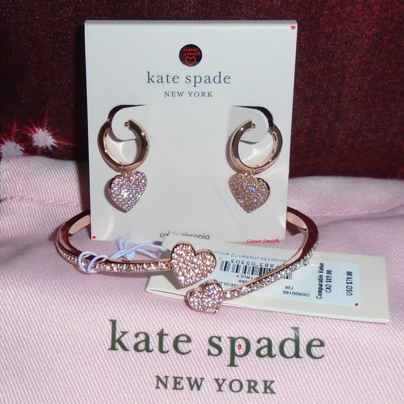 ♠️ Kate Spade ♠️️ "Yours Truly" Pave Heart Open Hinge Cuff & Drop Earrings - Picture 1 of 14